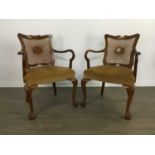 A PAIR OF EARLY 20TH CENTURY WALNUT FRAMED BERGERE SHEPHERD'S CROOK ARMCHAIRS