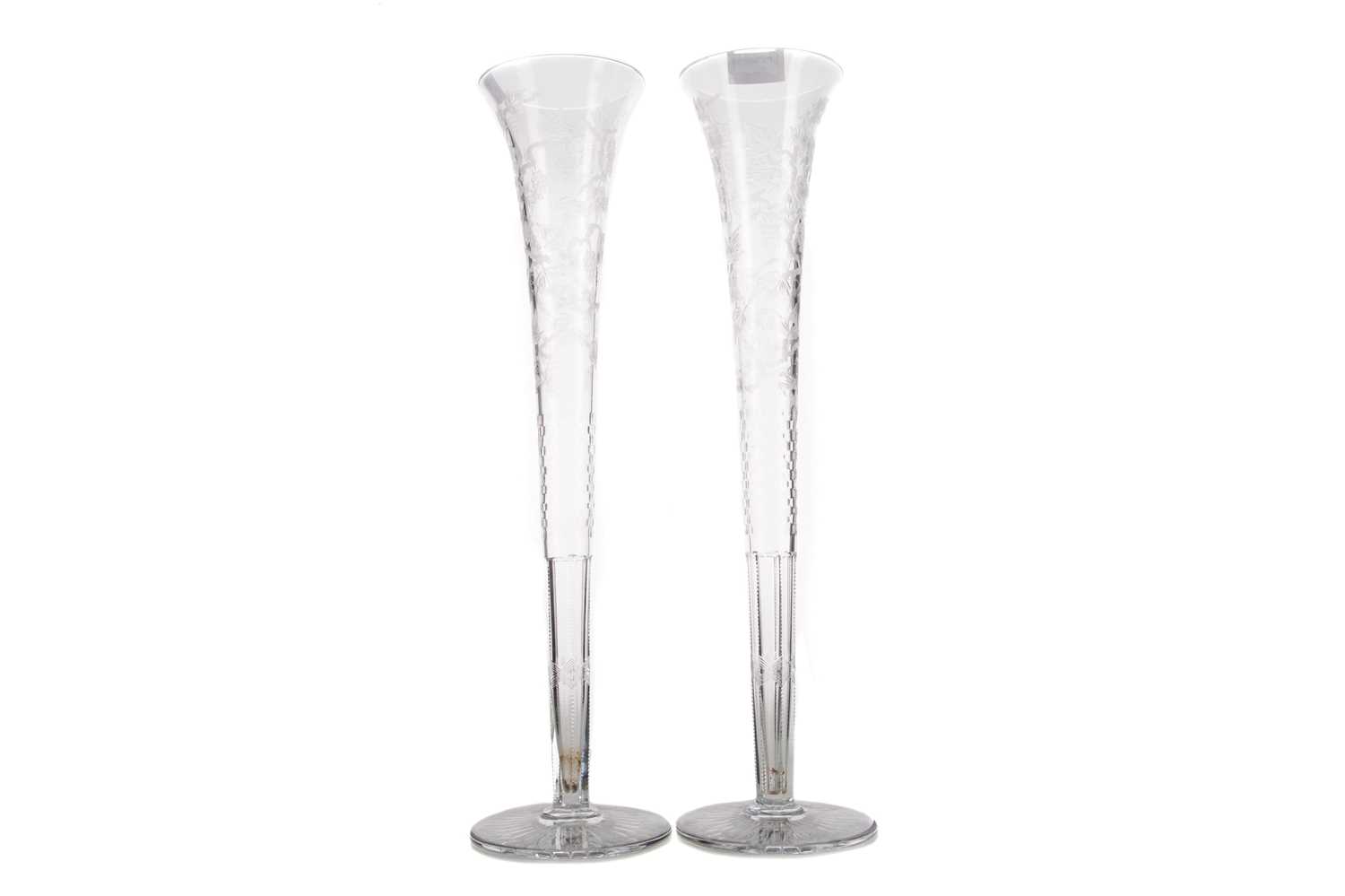 A LARGE PAIR OF CRYSTAL TRUMPET VASES BY WILLIAM YEOWARD