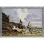 ROCKY SHORE AND SAILING SHIPS, AN OIL ON PORCELAIN BY HENRY BAINES