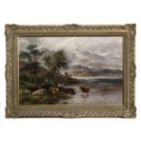 HIGHLAND CATTLE AT THE LOCH, AN OIL BY JAMES ISAIAH LEWIS