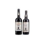 SANDEMAN 1984 AND 1989 VINTAGE PORT WITH DECANTER AND GLASSES