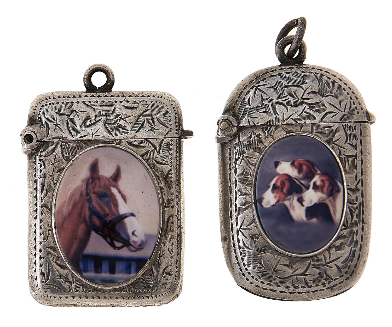 Two Edwardian silver vesta cases, later applied with a photo-enamel of the head of a horse or