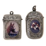 Two Edwardian silver vesta cases, later applied with a photo-enamel of the head of a horse or