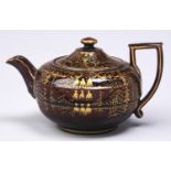 A Wedgwood Rockingham brown glazed and gilt earthenware teapot and cover, early c1840-50, 10cm h,