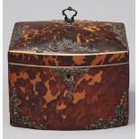 A Victorian silver mounted tortoiseshell tea chest, late 19th c, of bow fronted form and veneered in