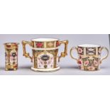 A Royal Crown Derby miniature Imari  spill vase and two loving cups, late 20th and early 21st c,