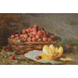 A pair of late Victorian or Edwardian chromolithographs of fruit, 29.5 x 45cm, machine carved oak