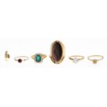 Four 9ct gold rings, all but one gem set, 12.7g, various sizes, a diamond earring, in gold marked