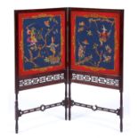 A mahogany folding firescreen, 19th c, after a design by Thomas Chippendale, with fretwork and blind