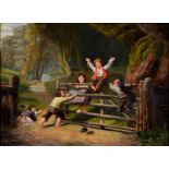 English School ? Children Playing on a Gate, oil on board, 33 x 45cm Localised restoration and