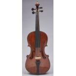 A French viola, circa late 19th c, unlabelled, length of back 39.5cm and a bow, round stick (2)