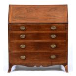 A George III mahogany and line inlaid bureau, with fitted interior, on splayed feet, 96cm l Top