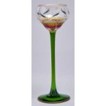 A Theresienthal enamelled liqueur glass, c1905, on green stem and spreading foot, 14cm h Good