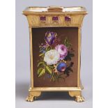 A French claret ground square pot pourri vase and cover, c1820, one side painted with flowers on a