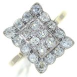 A diamond rectangular cluster ring,  with old cut diamonds, in white gold, marked 18ct, 5.1g, size F