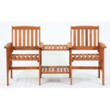 A slatted wooden twin chair garden seat, incorporating central table, 160cm w Generally good,