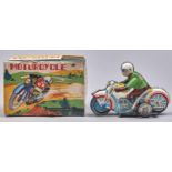 A lithographed tinplate clockwork motorcycle toy, c1960,  original pictorial box lid Toy in good