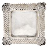 A Victorian embossed square silver dish stand, 12.5 x 12.5cm, by S W Smith, Birmingham 1889, 2ozs