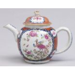 A Chinese export porcelain famille rose teapot and cover, c1770, enamelled to either side with
