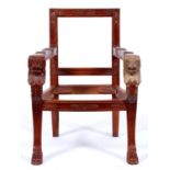 A South East Asian carved and partly giltwood elbow chair, in Empire style Lacks seat and padded