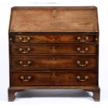 A George III mahogany bureau, late 18th c, with fitted interior, 112cm l In the same good