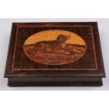 A rosewood and wood mosaic box, c1900, the lid decorated in the manner of Tunbridge Ware with a dog,
