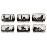 Six Egyptian niello napkin rings, early 20th c  decorated with continuous river scene, 4ozs 8dwts
