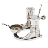 A Victorian EPNS foxhunter's novelty cruet, late 19th c, in the form of a cap, boots, whip and