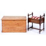 A waxed pine chest, early 20th c, with later moulding to lid, 90cm l and a stained beech music stool