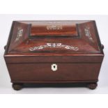 A Victorian mother of pearl inlaid rosewood workbox, of sarcophagus shape, 31cm l Interior gutted,