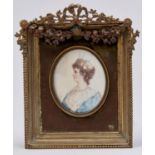 Two French decorative oval portrait miniatures of noble ladies, c1900, in 18th c style, one in paste