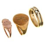 Two 9ct gold rings and a gold signet ring, marked 9ct, 9.2g, size K Worn