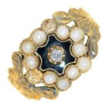 A diamond, split pearl, gold and enamel mourning ring, early 19th c, with hexagonal cluster and leaf