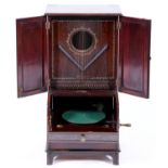 A "Klingsor" harp gramophone, c1905, in bureau form stained mahogany cabinet, 86cm h Working