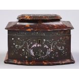 A Victorian tortoiseshell tea chest, of bow fronted form with pagoda lid, inlaid and engraved mother