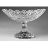 A cut glass pedestal dish, second quarter 20th c, of boat shape, on star cut foot, 22cm h Good