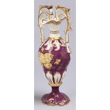 A Staffordshire claret ground bone china ogee vase, c1835, with double lipped neck, painted with