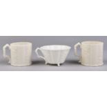 A Belleek Thorn mug and teacup, 1863-1890 and another mug, 1891-1926, mugs 65mm h, black printed