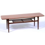 A hardwood coffee table, c1970, with caned undertier, 43cm h; 46 x 127cm Top faded