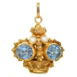 A Zircon pearl and gold pendant, in the form of a crown, 30mm, marked K18, 14g Good condition