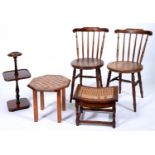 A pair of beech stick back chairs with round seat and three other items (5) Good condition