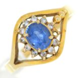A sapphire and diamond cluster ring, in gold, unmarked, 3.7g, size N½ Lacks one diamond