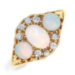 An opal and diamond ring, in 18ct gold, Chester 1938, 4.4g, size K½ Opals with dull polish scratched