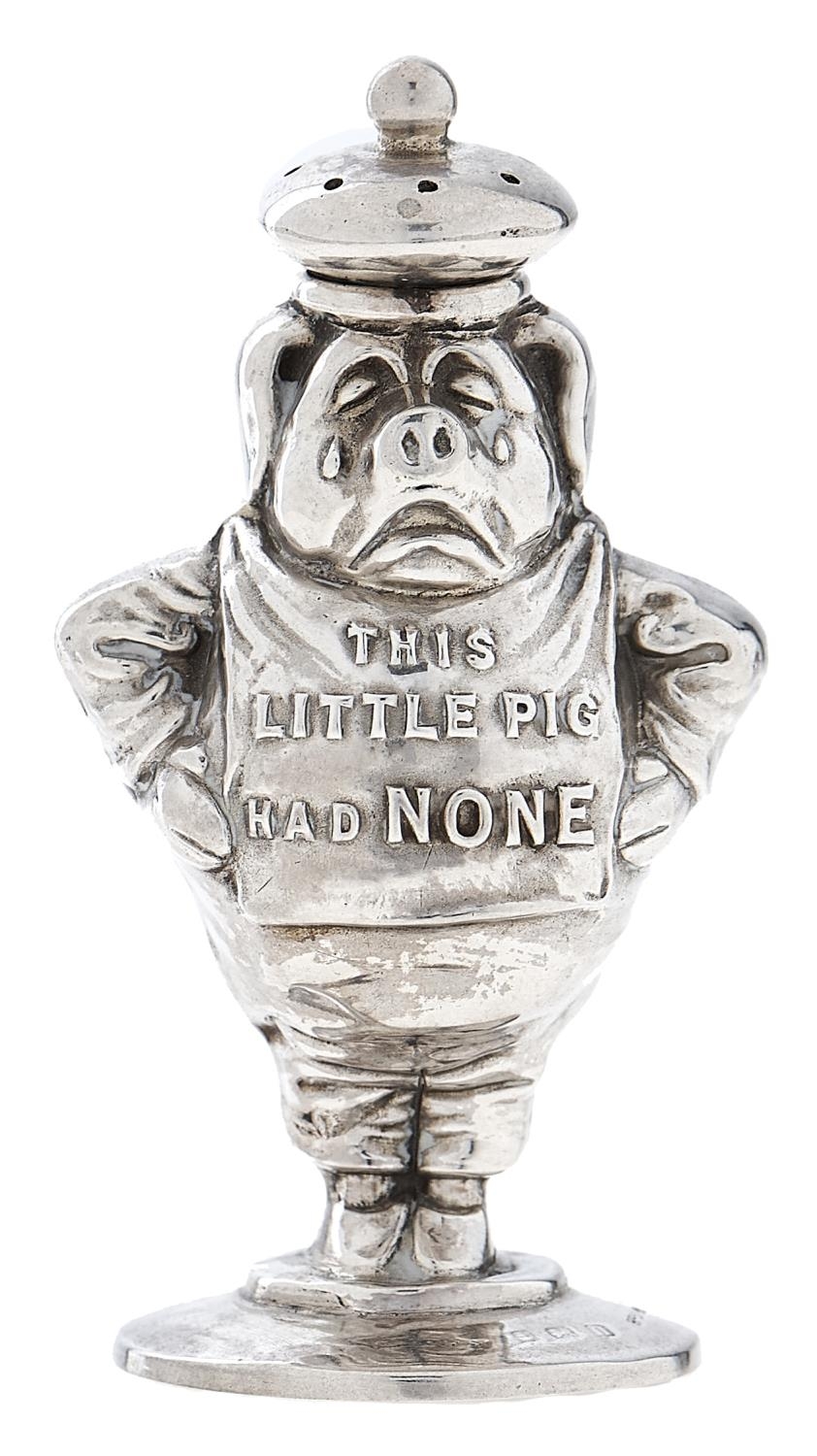 A George V silver This Little Pig figural novelty pepperette, 70mm h, marks rubbed, by Saunders & - Image 2 of 2