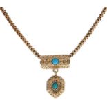 A turquoise set engraved gold mourning pendant, 19th c, 26mm and contemporary gold necklet, 9.7g