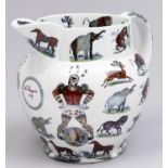 An Elsmore & Forster earthenware jug, dated 1859, with coloured transfers of clowns and animals,