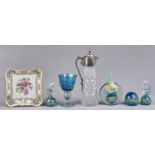 A Mdina glass vase, goblet and three paperweights, various sizes, a Continental porcelain pierced