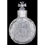 A Victorian round cut glass scent bottle and stopper, dated 1885, engraved with flowers, initials