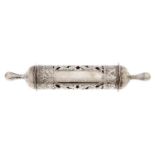 Judaica. A pierced silver scroll case, megillah, c1900, 16.5cm l, chased with flowers and scrolls,