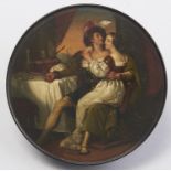 A German papier mache snuff box and cover, by Stobwasser, c1830, the cover painted with an amorous